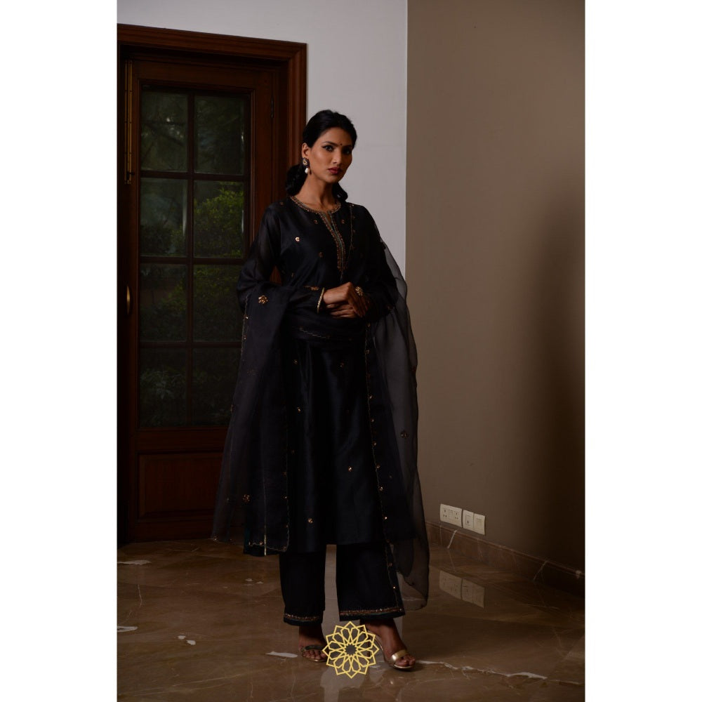 Rhua India Black Ebony Straight Kurta with Pant and Dupatta (Set of 3)