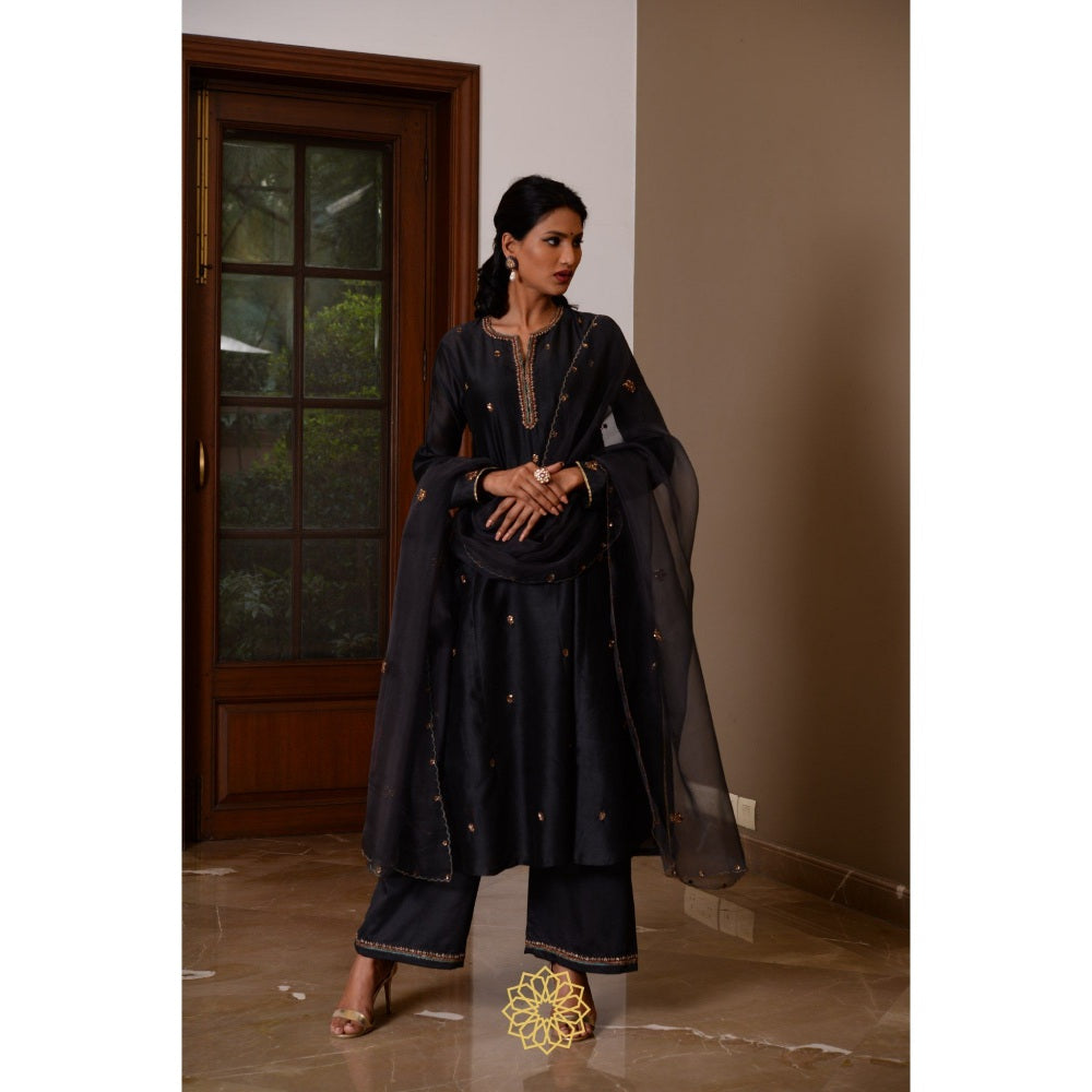 Rhua India Black Ebony Straight Kurta with Pant and Dupatta (Set of 3)