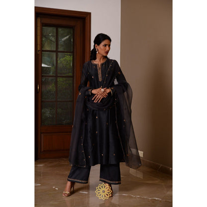 Rhua India Black Ebony Straight Kurta with Pant and Dupatta (Set of 3)