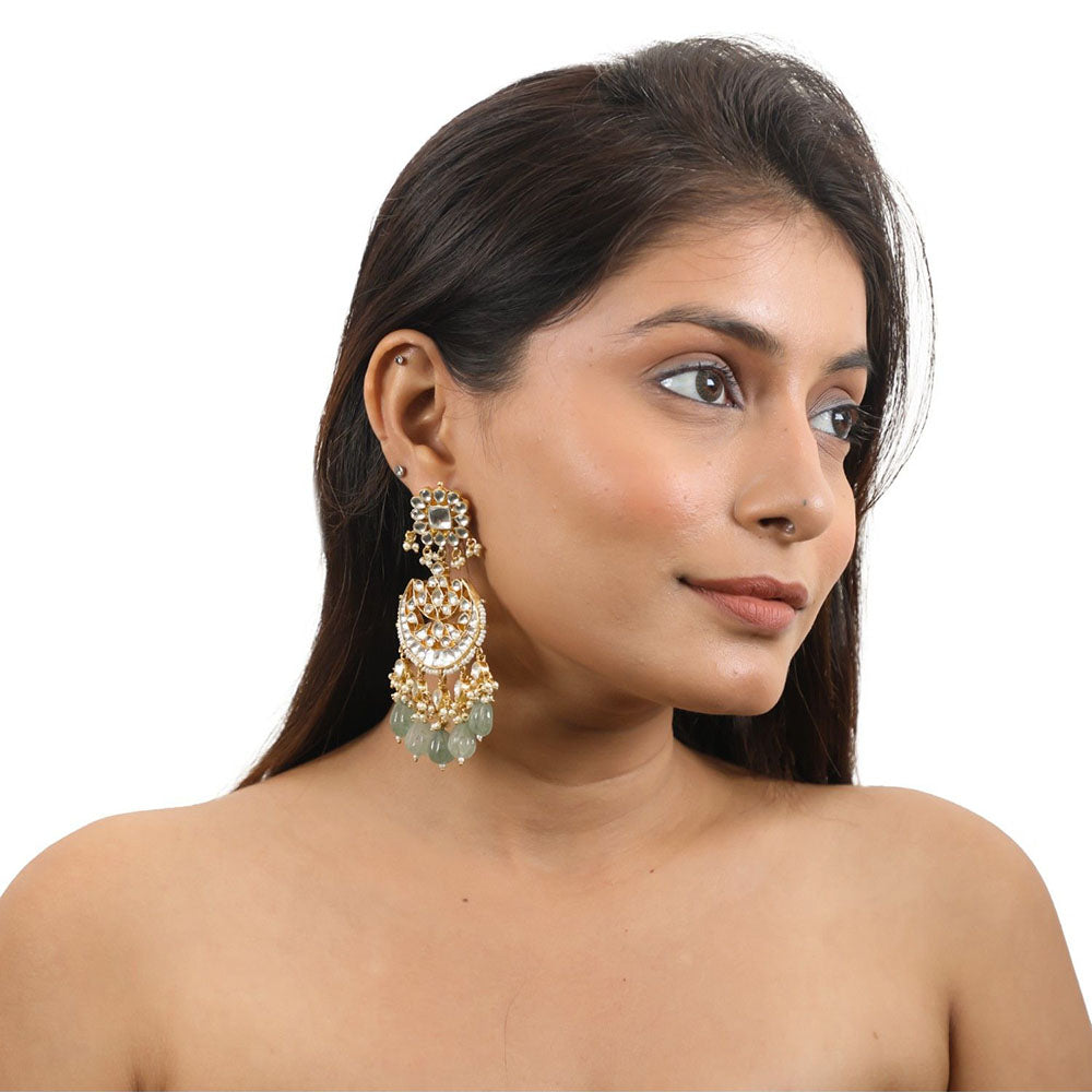 RIANA JEWELLERY Chandbaali Earrings with White Jadtar Stones & Mint Green Drops