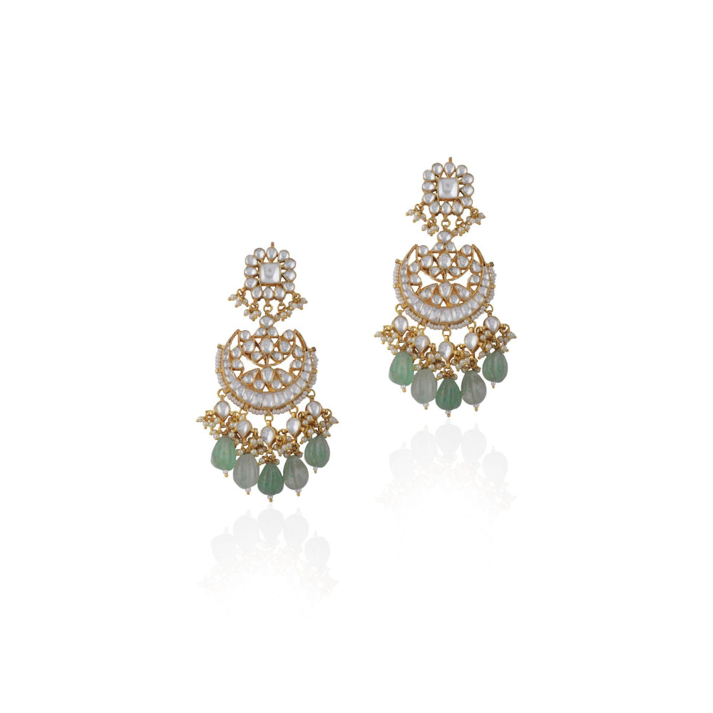 RIANA JEWELLERY Chandbaali Earrings with White Jadtar Stones & Mint Green Drops