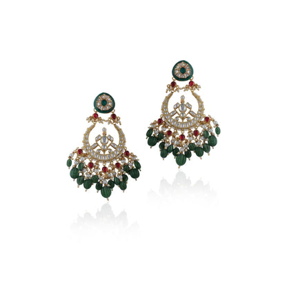 RIANA JEWELLERY Green & Pink Shape White Jadtar Chandbaali