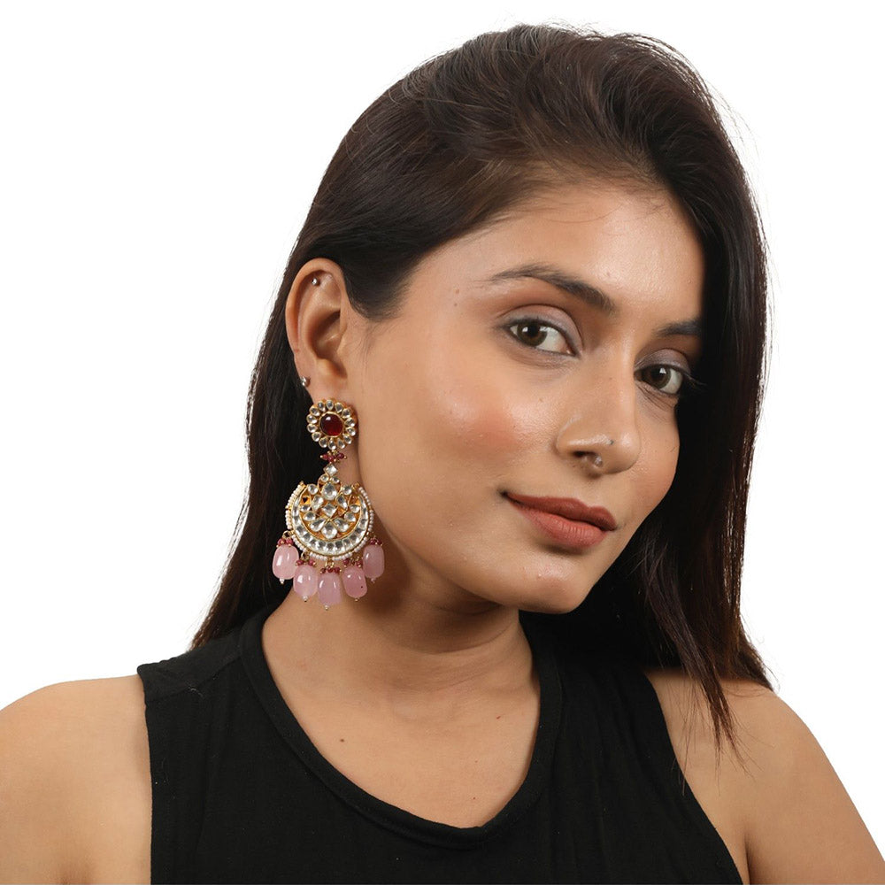 RIANA JEWELLERY Light Pink Beads White Chand Shape Earrings