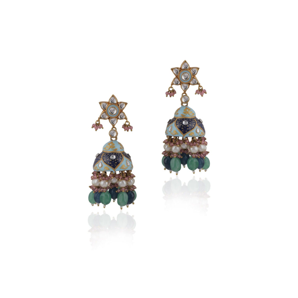 RIANA JEWELLERY Firozi Minakari Jhumki with White Pearl & Sea Green Beads