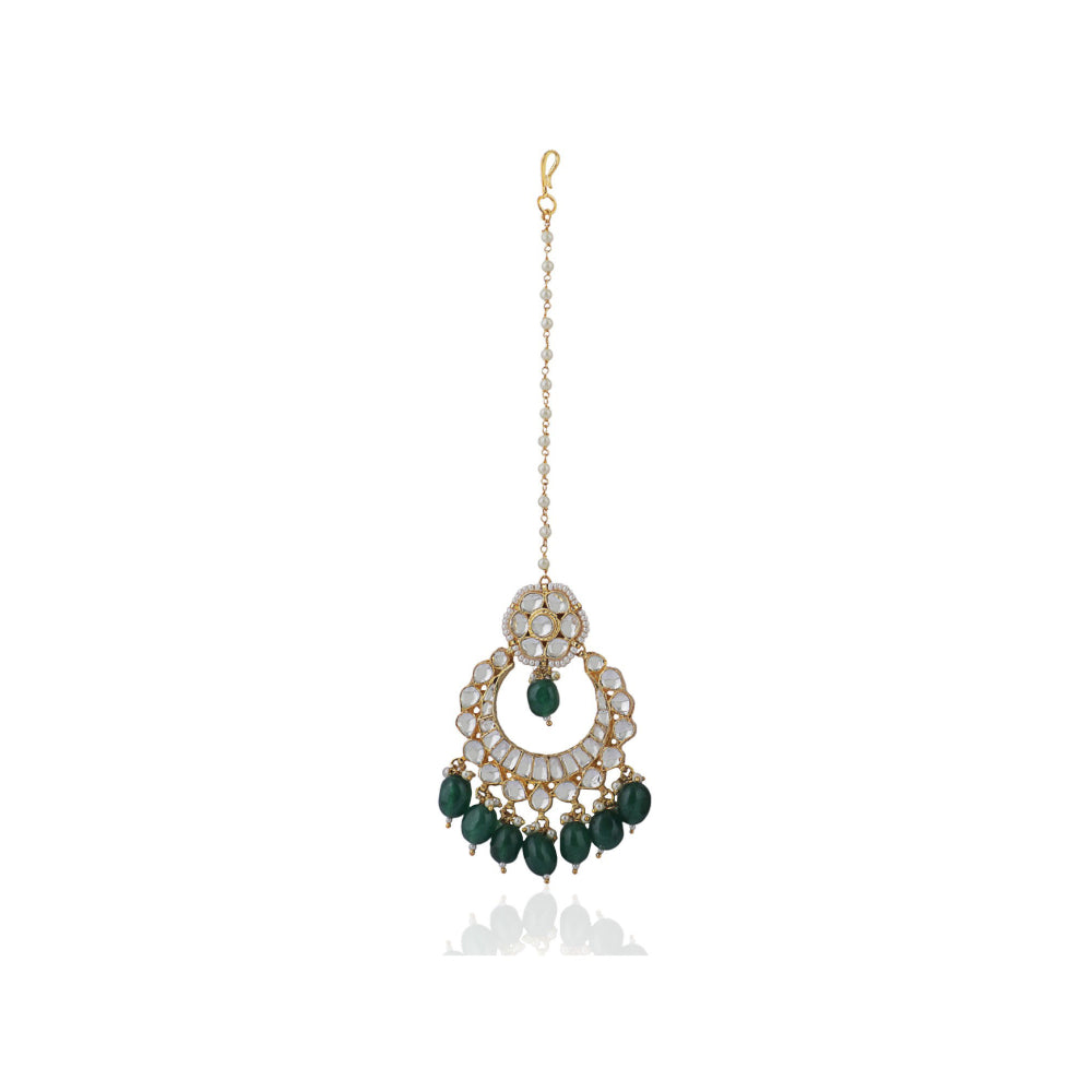 RIANA JEWELLERY Green Beads White Jadtar Tikka