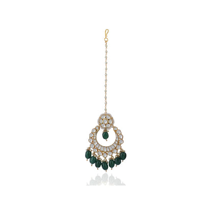 RIANA JEWELLERY Green Beads White Jadtar Tikka