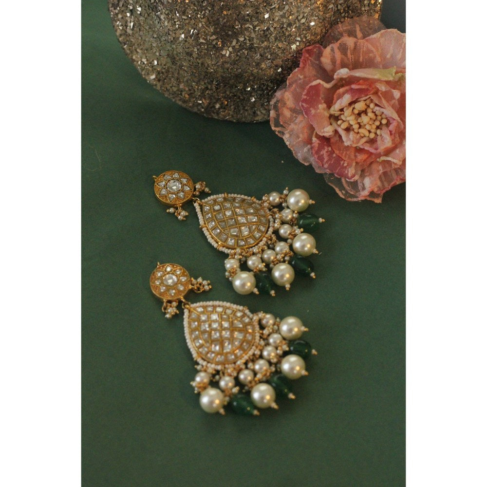 RIANA JEWELLERY 22Kt Gold Plated Green Emerald With Pearl Jadtar Earrings
