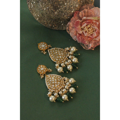 RIANA JEWELLERY 22Kt Gold Plated Green Emerald With Pearl Jadtar Earrings