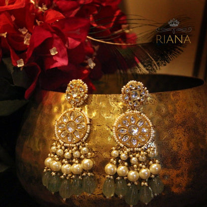 RIANA JEWELLERY Sea Green Beaded Jadau Earrings With Pearl