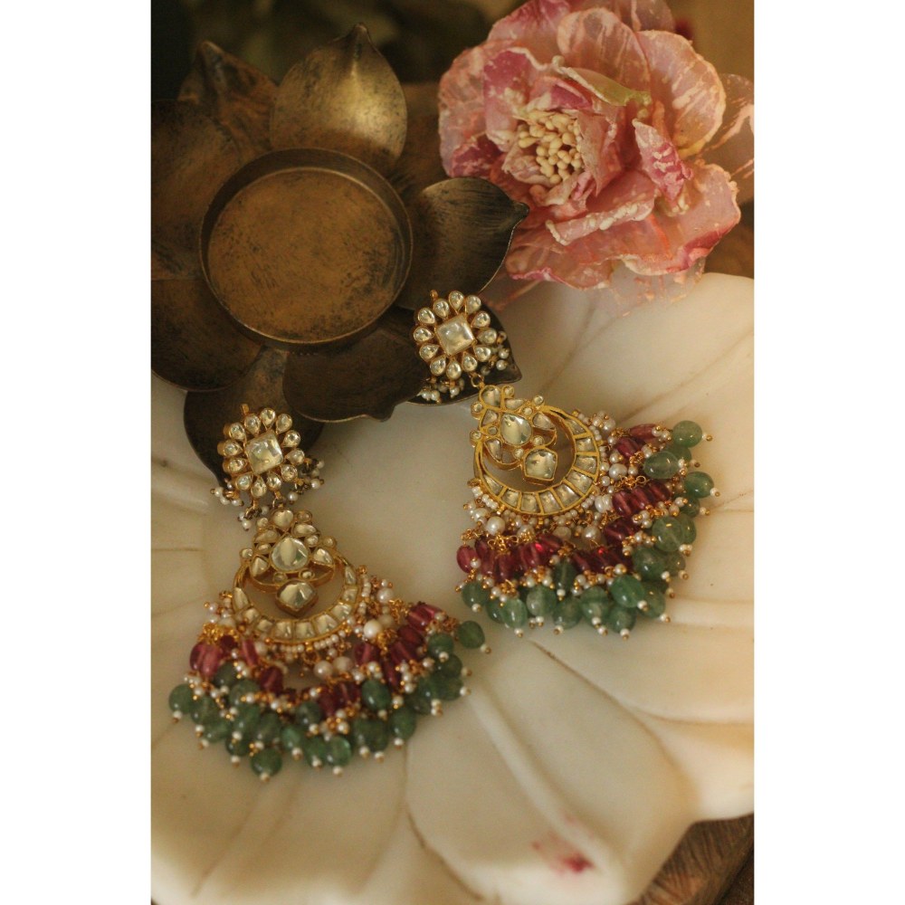RIANA JEWELLERY Women Gold Plated Multicoloured Necklace Set With Delicate Chand Bali Earrings