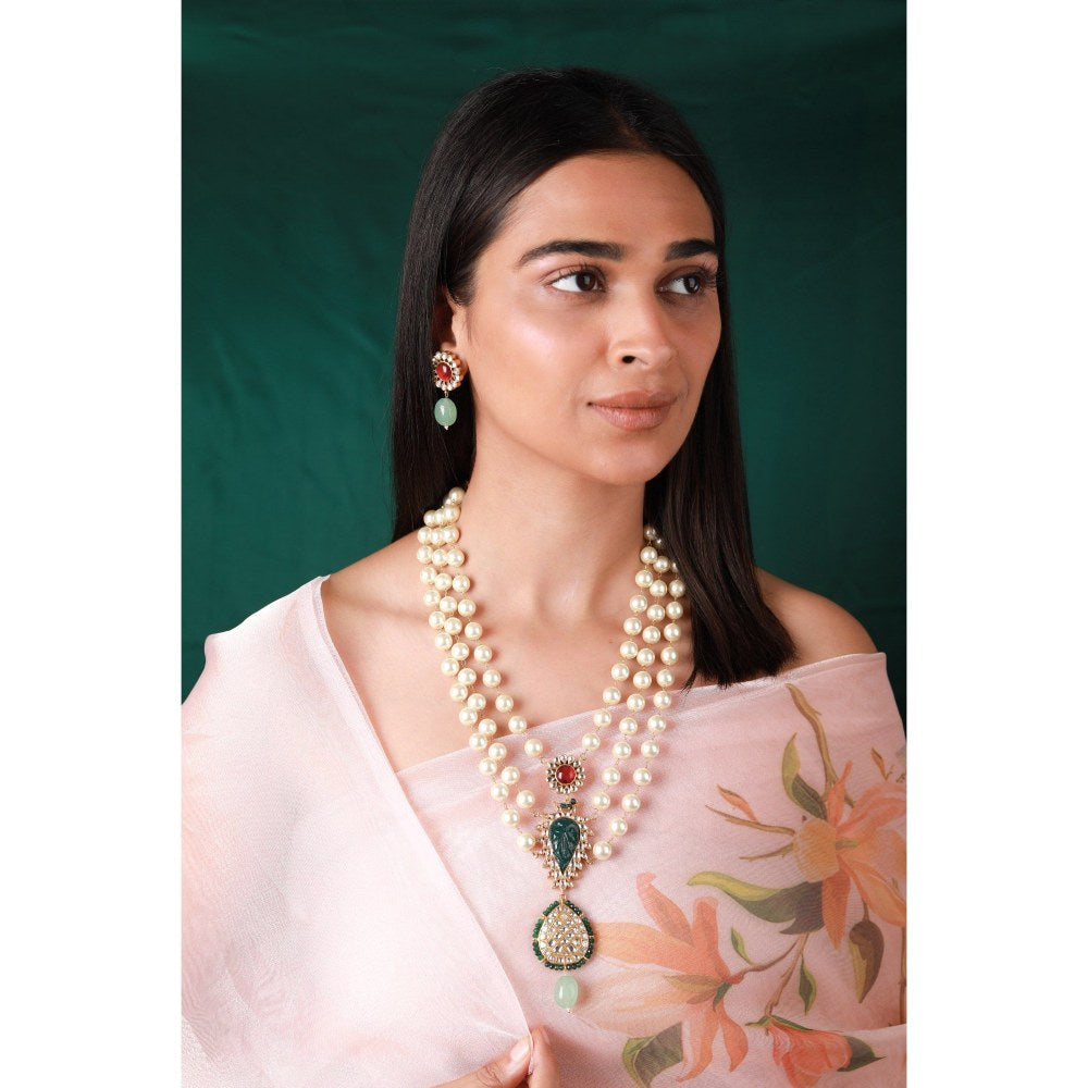 RIANA JEWELLERY Royal Pearl Emerald Green Motive Necklace Set