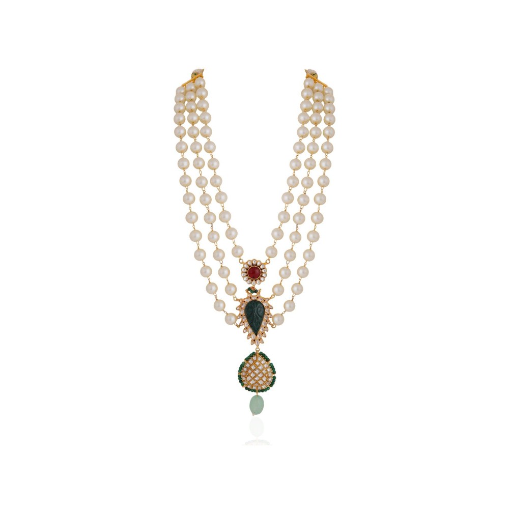 RIANA JEWELLERY Royal Pearl Emerald Green Motive Necklace Set