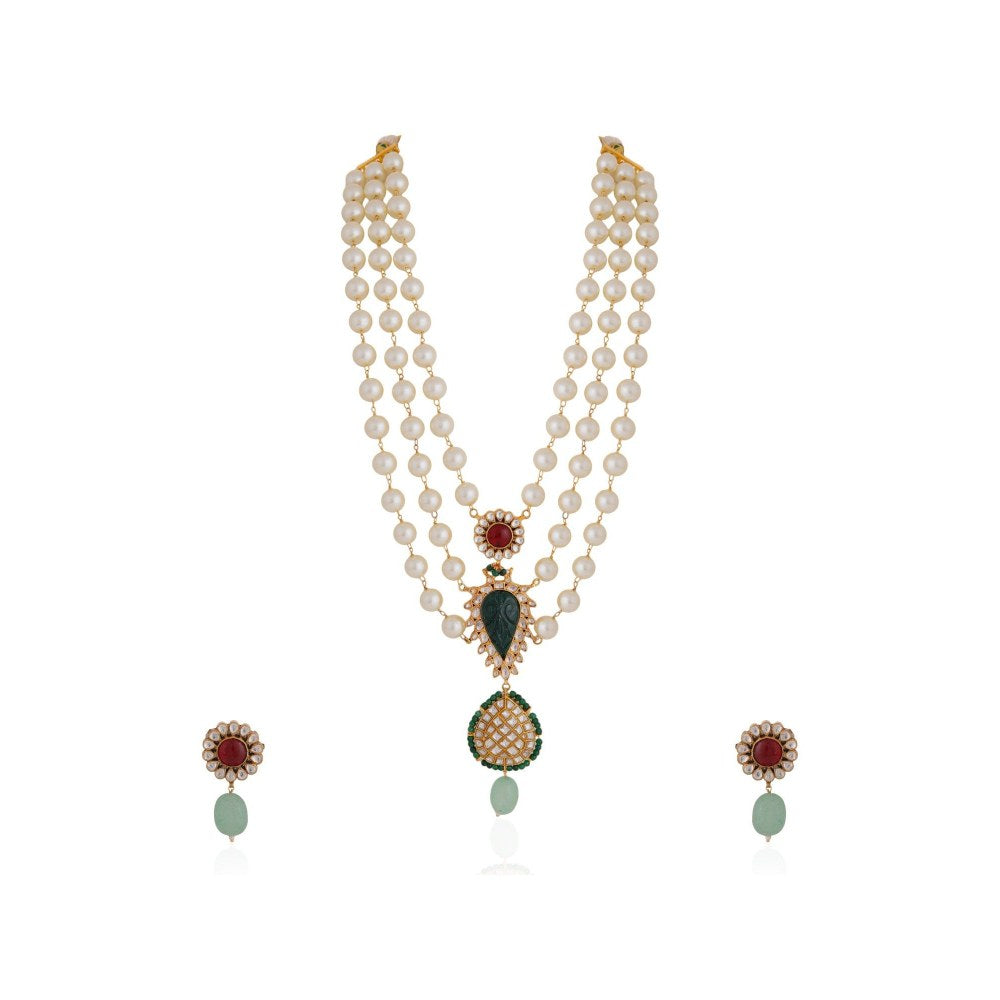 RIANA JEWELLERY Royal Pearl Emerald Green Motive Necklace Set