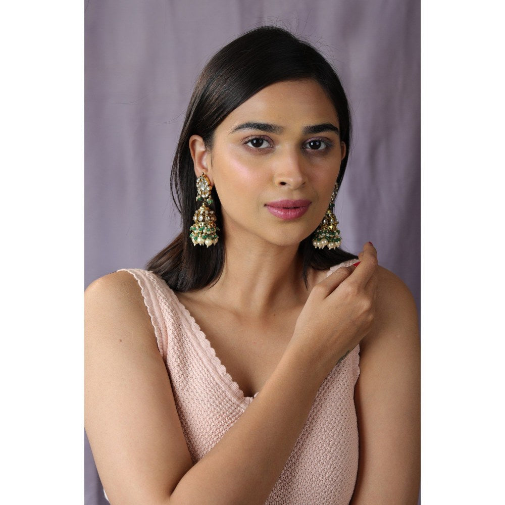 RIANA JEWELLERY Gold Finish Occasion Wear White Pearl Jhumka With Green Hangings