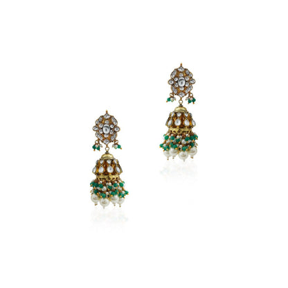 RIANA JEWELLERY Gold Finish Occasion Wear White Pearl Jhumka With Green Hangings