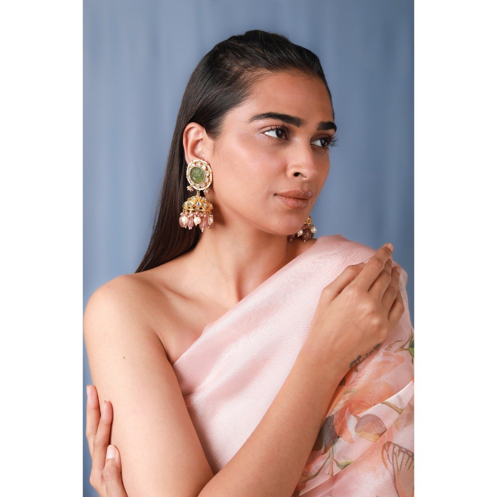 RIANA JEWELLERY Studded With Jade And White Polki Stones Pearl Drops Earrings