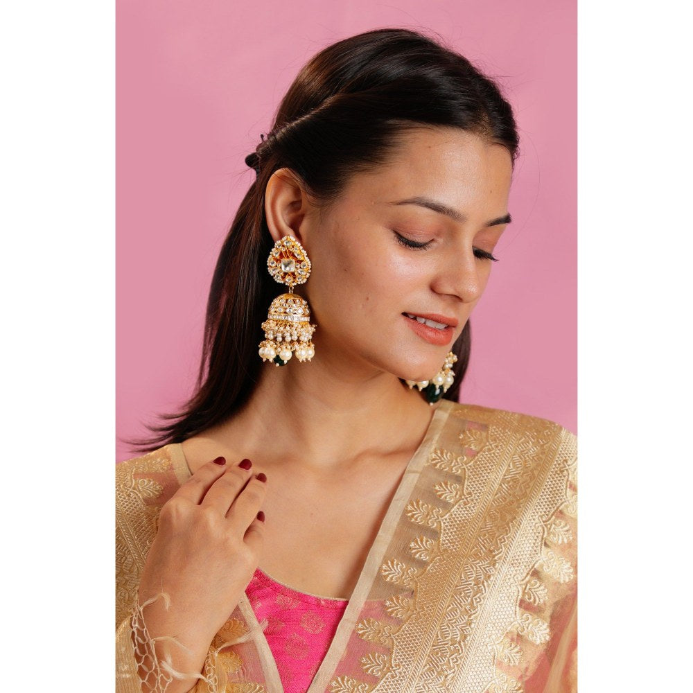 RIANA JEWELLERY Gold Plated Green And White Jhumka Earrings