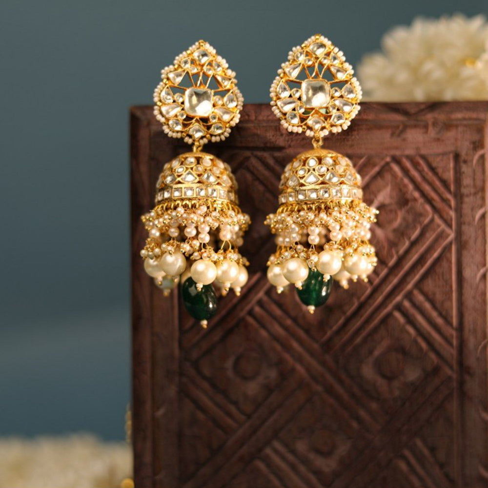RIANA JEWELLERY Gold Plated Green And White Jhumka Earrings