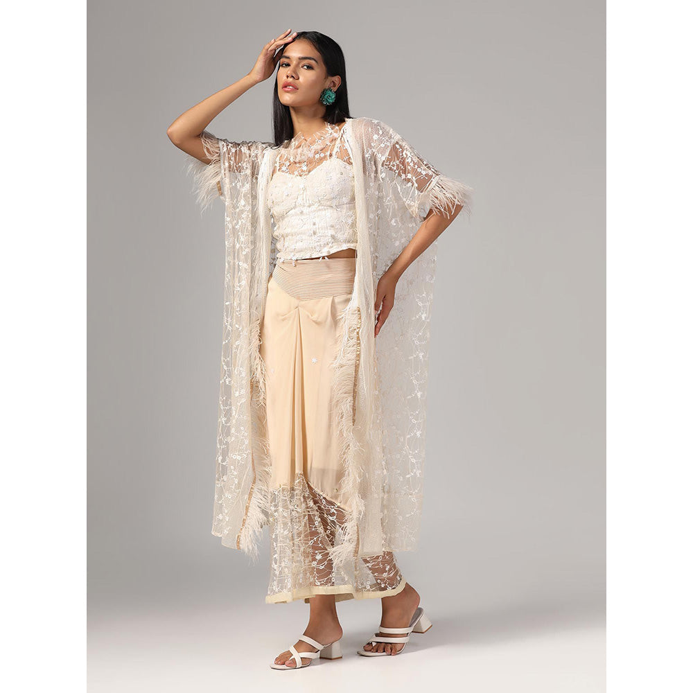 RINA DHAKA Women'S Peach Embroidered Cape with Top and Skirt (Set of 3)