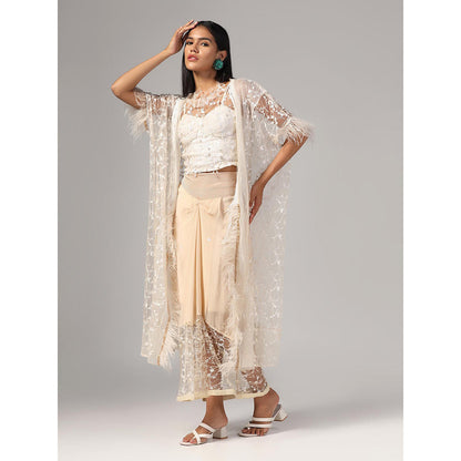 RINA DHAKA Women'S Peach Embroidered Cape with Top and Skirt (Set of 3)