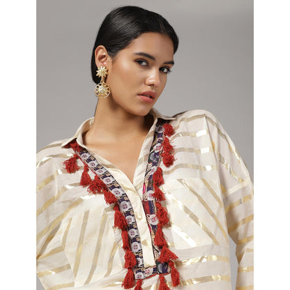RINA DHAKA Women'S Cream Stripes Tassel Co-Ord (Set of 2)