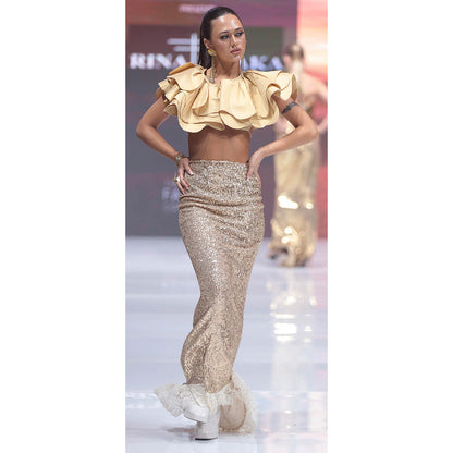 RINA DHAKA Gold Sequined Long Laced Edged Skirt