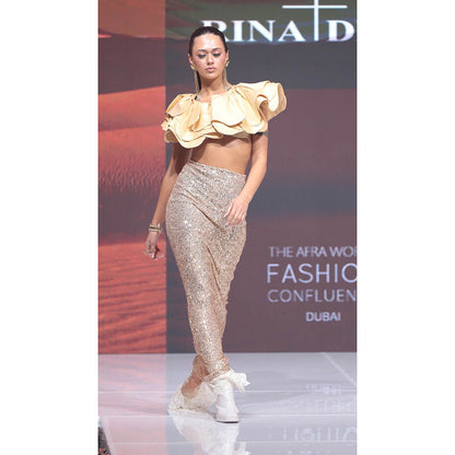 RINA DHAKA Gold Sequined Long Laced Edged Skirt