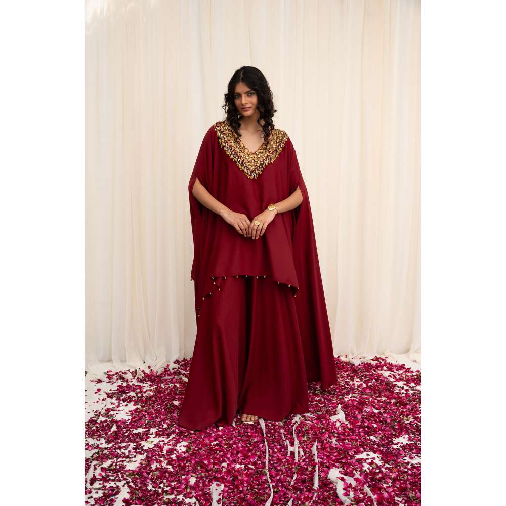 RIRASA Maroon Embellished Tunic with Sharara (Set of 2)