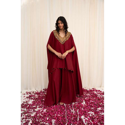RIRASA Maroon Embellished Tunic with Sharara (Set of 2)