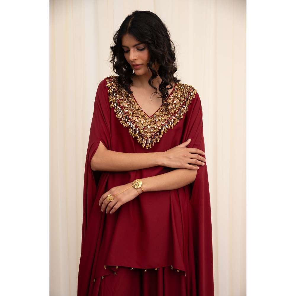 RIRASA Maroon Embellished Tunic with Sharara (Set of 2)
