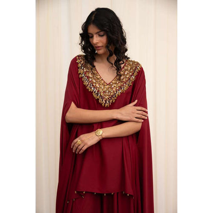 RIRASA Maroon Embellished Tunic with Sharara (Set of 2)