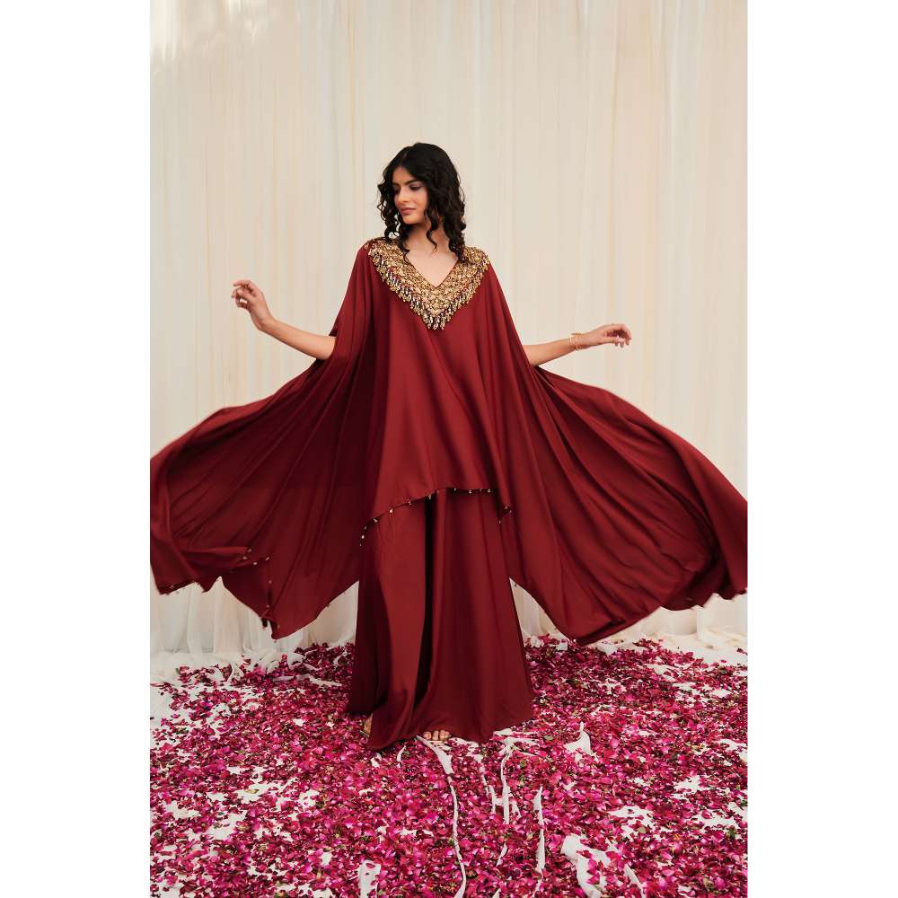 RIRASA Maroon Embellished Tunic with Sharara (Set of 2)