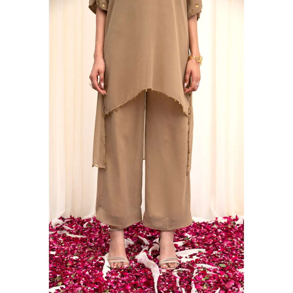 RIRASA Beige Embellished Kurta with Pant and Camisole (Set of 3)