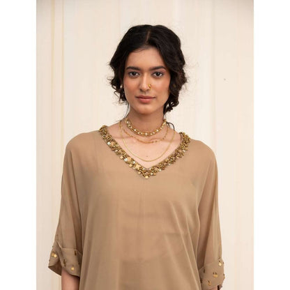 RIRASA Beige Embellished Kurta with Pant and Camisole (Set of 3)
