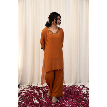 RIRASA Tan Embellished Kurta with Pant and Camisole (Set of 3)