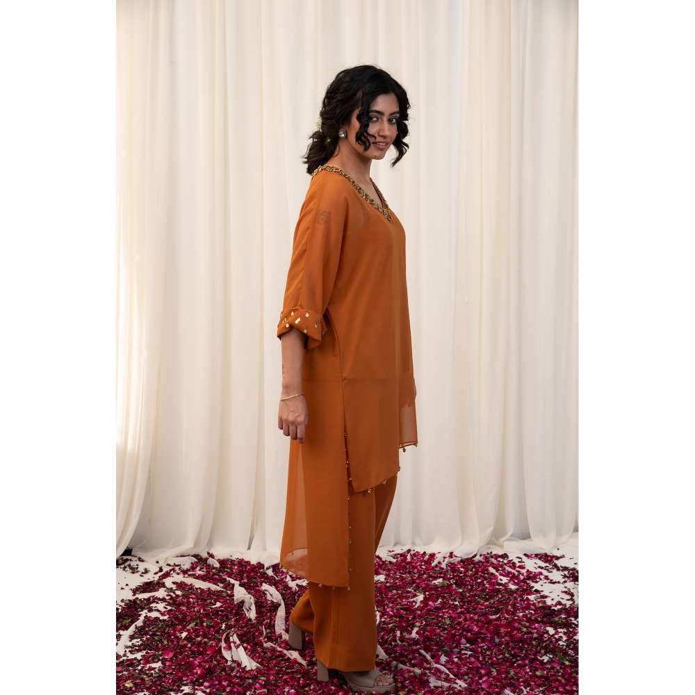 RIRASA Tan Embellished Kurta with Pant and Camisole (Set of 3)