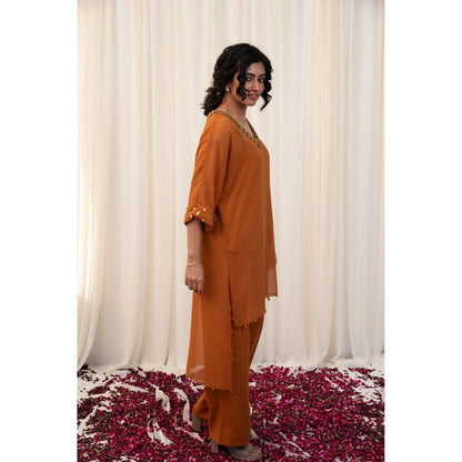 RIRASA Tan Embellished Kurta with Pant and Camisole (Set of 3)