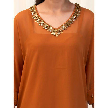 RIRASA Tan Embellished Kurta with Pant and Camisole (Set of 3)