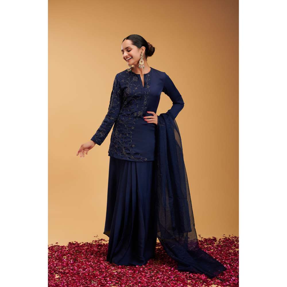 RIRASA Navy Blue Embroidered Short Kurta with Skirt and Dupatta (Set of 3)