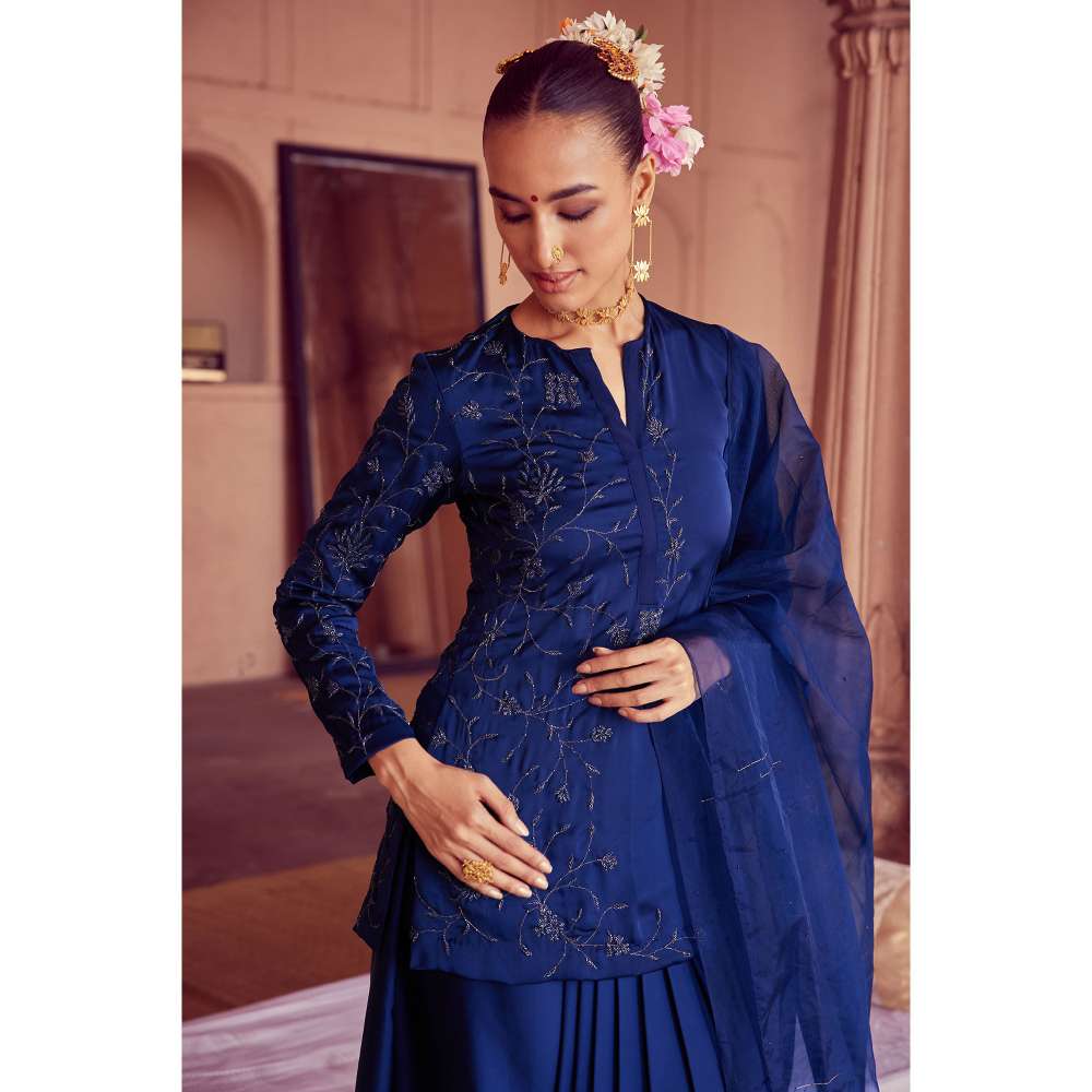 RIRASA Navy Blue Embroidered Short Kurta with Skirt and Dupatta (Set of 3)