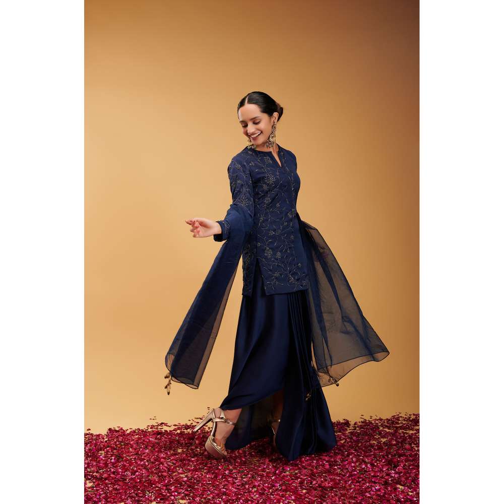 RIRASA Navy Blue Embroidered Short Kurta with Skirt and Dupatta (Set of 3)