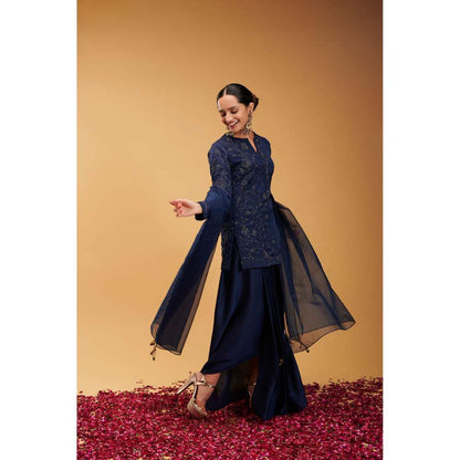RIRASA Navy Blue Embroidered Short Kurta with Skirt and Dupatta (Set of 3)