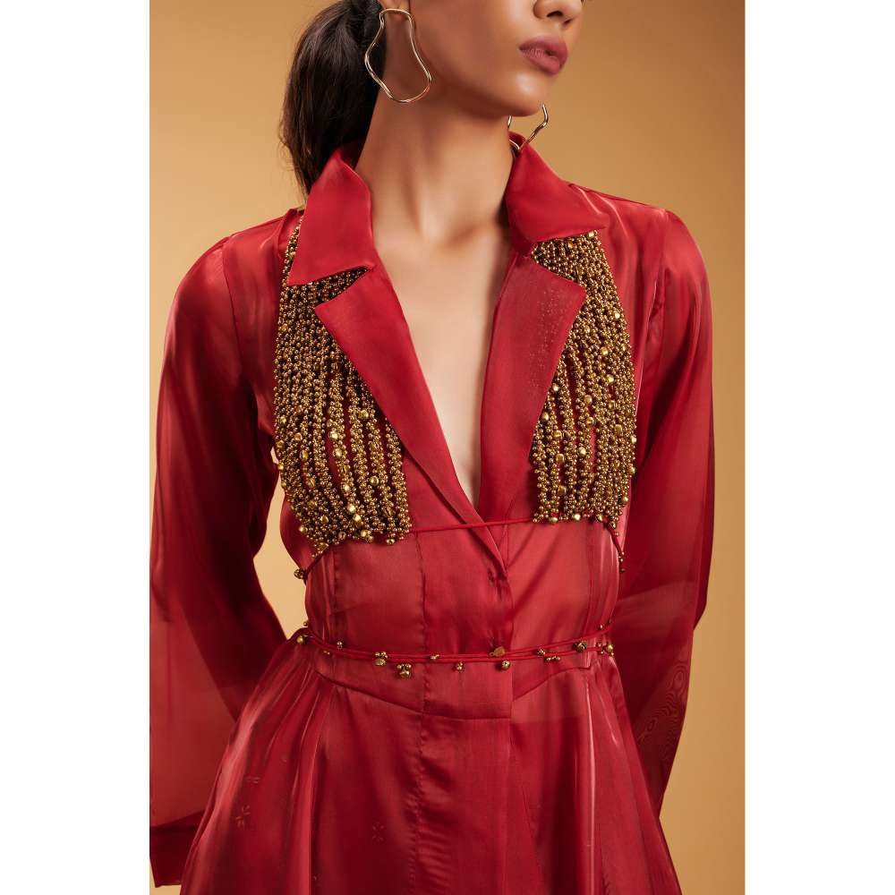 RIRASA Red Beads & Stones Bustier with Pant and Jacket (Set of 3)