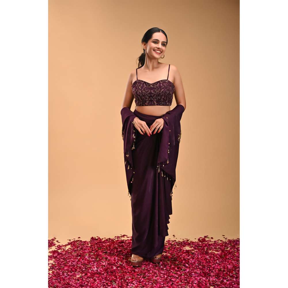 RIRASA Purple Embroidered Bustier with Skirt and Jacket (Set of 3)