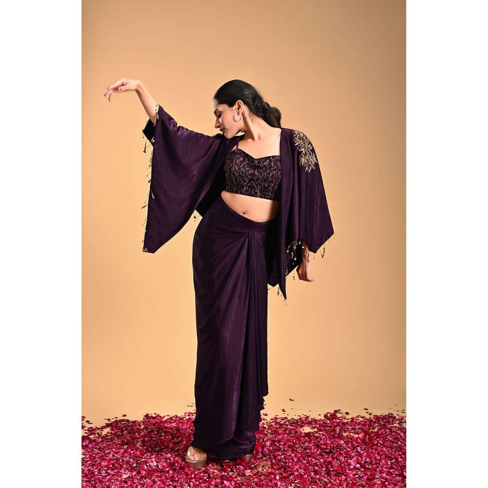 RIRASA Purple Embroidered Bustier with Skirt and Jacket (Set of 3)