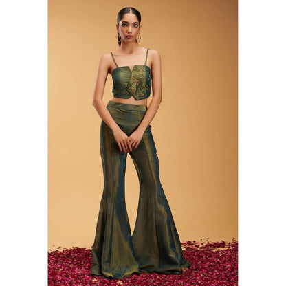 RIRASA Green Embroidered Sleeveless Bustier with Pant and Jacket (Set of 3)