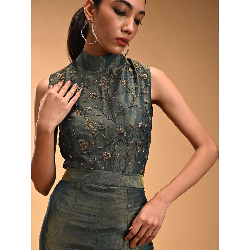 RIRASA Green Embroidered Sleeveless Top with Pant (Set of 2)
