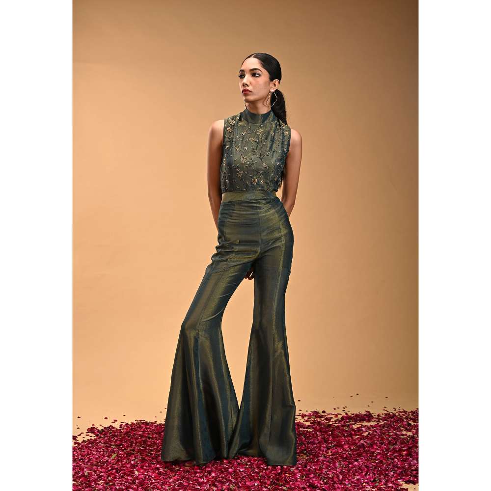 RIRASA Green Embroidered Sleeveless Top with Pant (Set of 2)