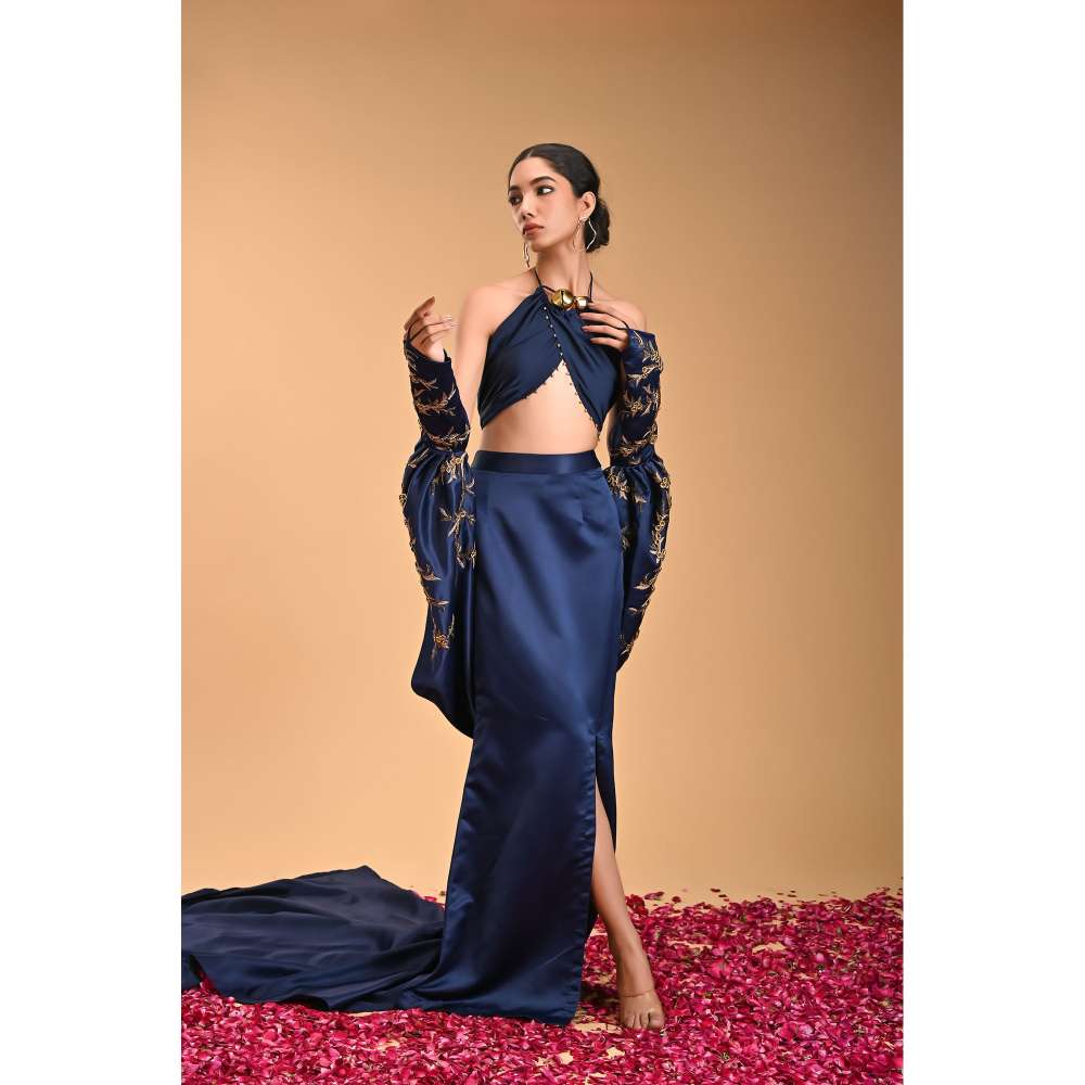 RIRASA Blue Embroidered Blouse with Skirt and Jacket (Set of 3)