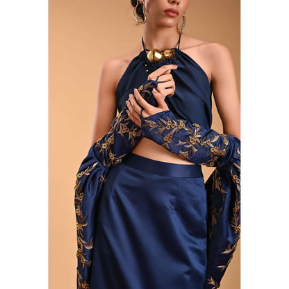 RIRASA Blue Embroidered Blouse with Skirt and Jacket (Set of 3)